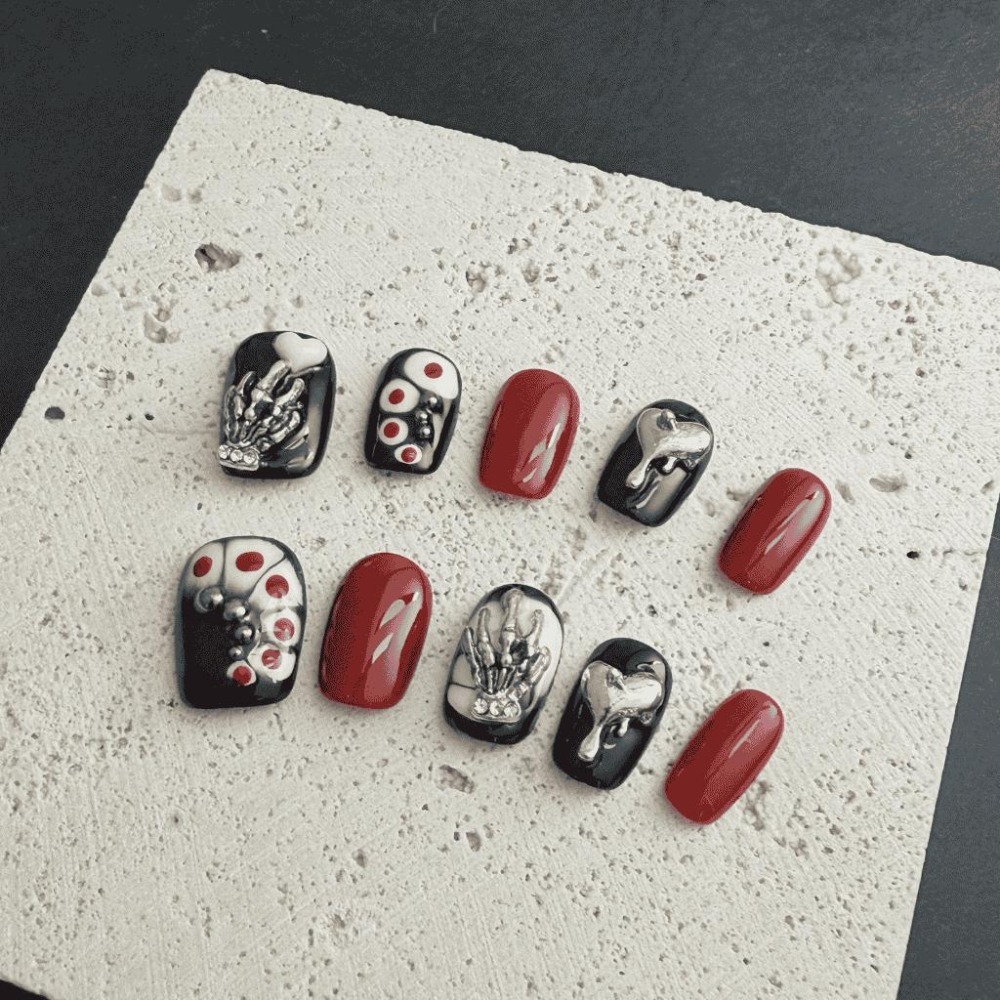 設計款穿戴甲 指甲片 美甲片 可卸除 附工具包 收納盒 果凍膠 手工 台灣製作 暗黑 小眾 手繪 愛心 短甲 金屬-細節圖7
