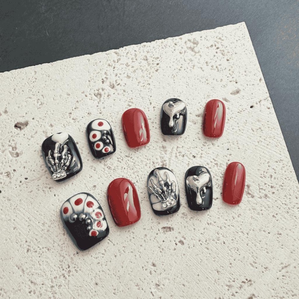 設計款穿戴甲 指甲片 美甲片 可卸除 附工具包 收納盒 果凍膠 手工 台灣製作 暗黑 小眾 手繪 愛心 短甲 金屬-細節圖8