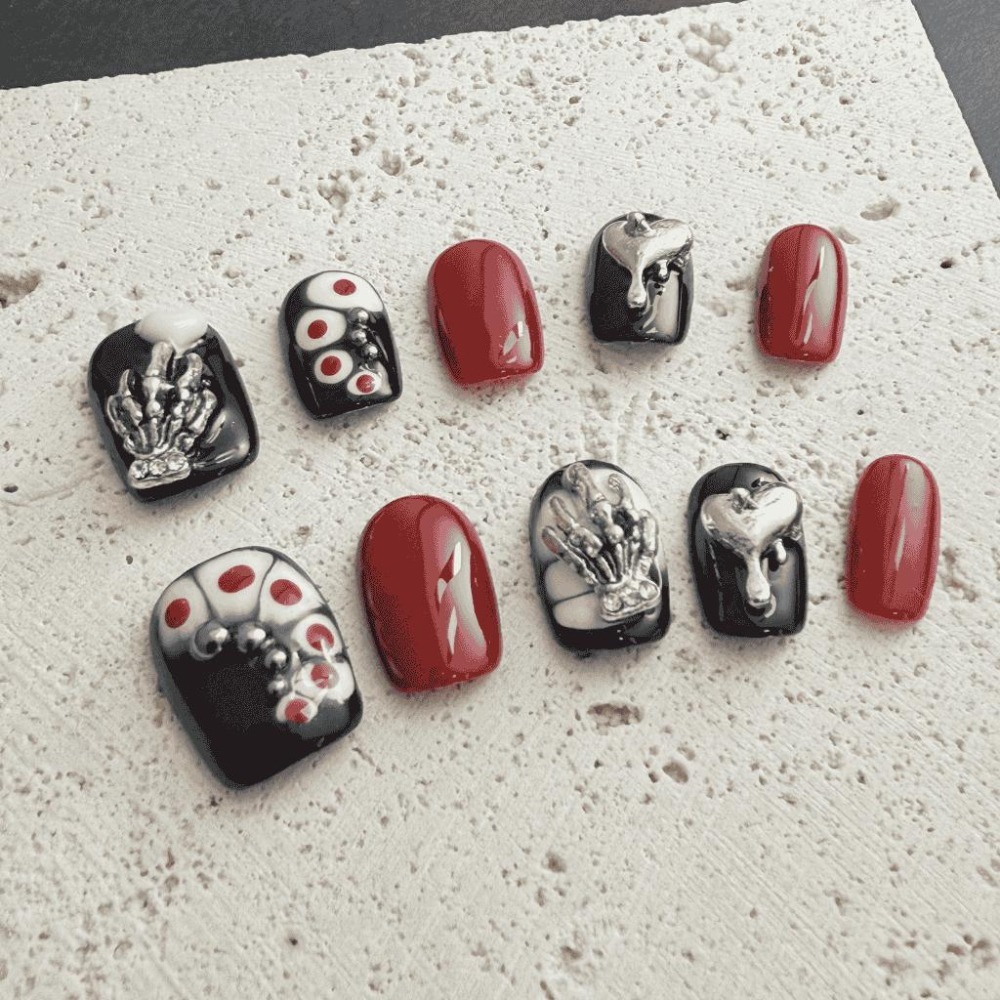 設計款穿戴甲 指甲片 美甲片 可卸除 附工具包 收納盒 果凍膠 手工 台灣製作 暗黑 小眾 手繪 愛心 短甲 金屬-細節圖9