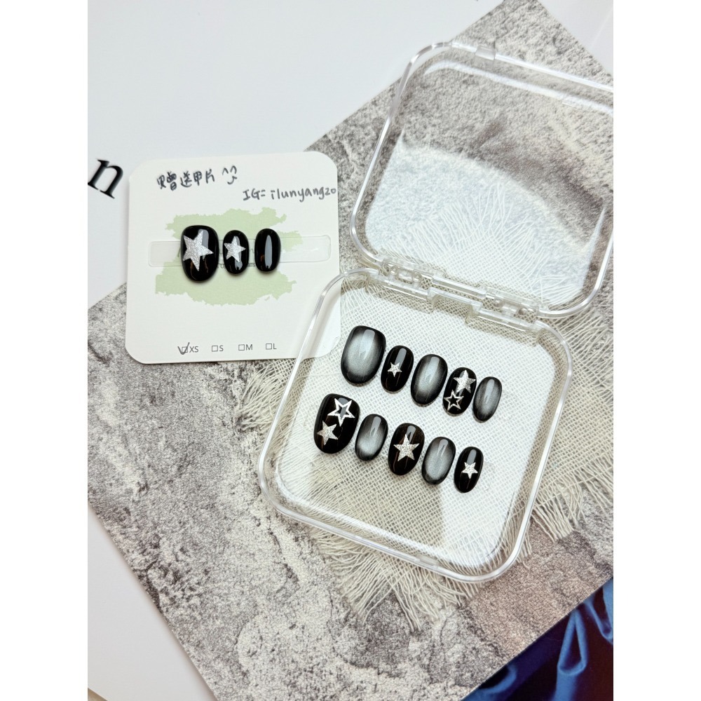 黑珍珠貓眼穿戴甲  星星 短甲 無濾鏡 非工廠甲 台灣出貨 純手工 商品實拍  可卸除 附工具包 假指甲 指甲貼 黑色-細節圖3
