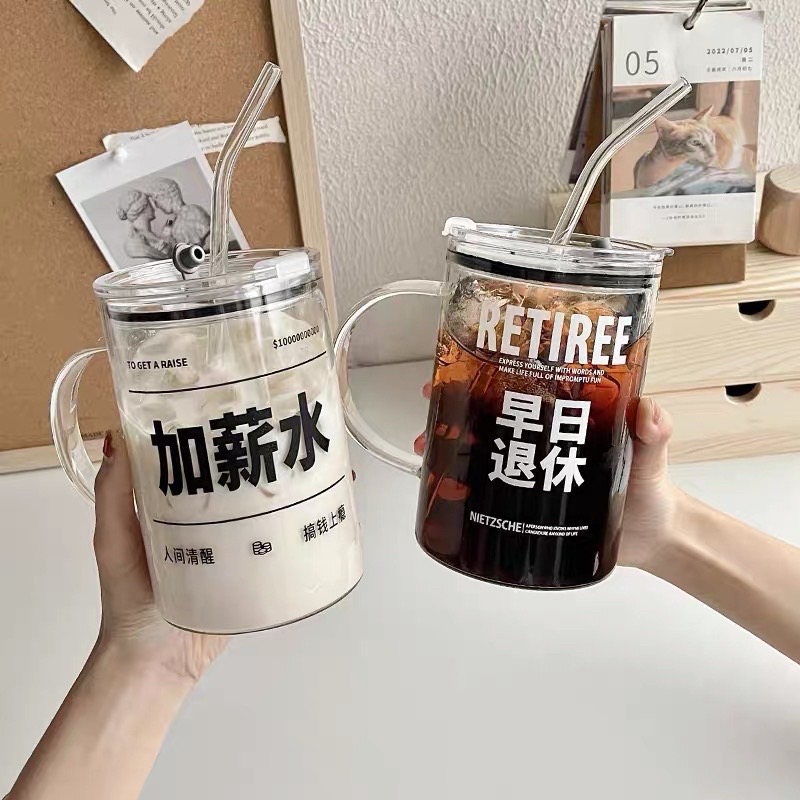 送禮首選🎉多喝水 🍉1000ml大容量早日退休加薪水趣味刻度帶蓋玻璃杯/吸管杯/咖啡杯/果汁杯/水杯/辦公室水杯-細節圖3