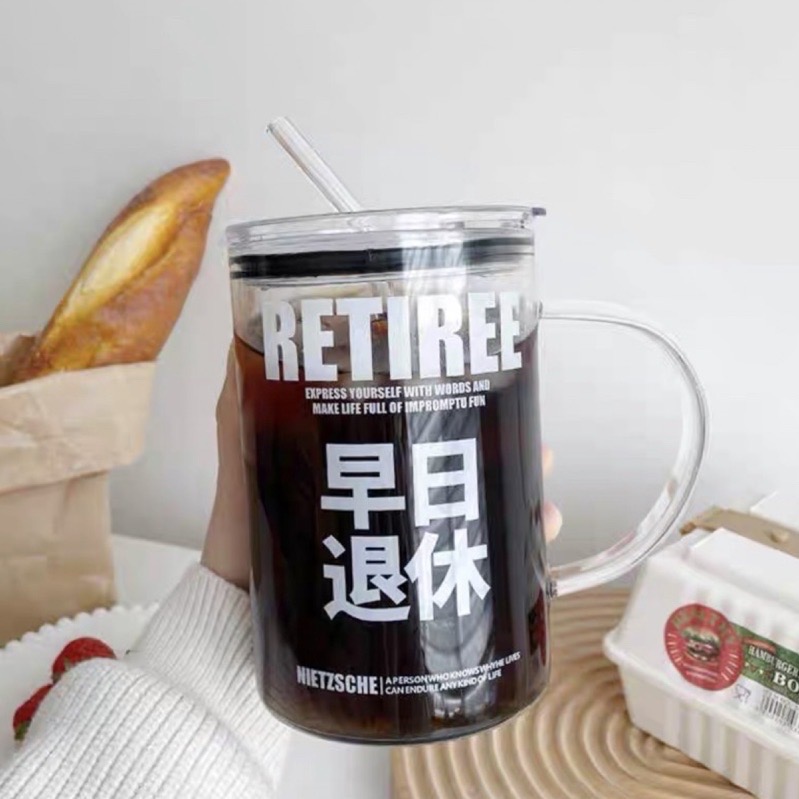 送禮首選🎉多喝水 🍉1000ml大容量早日退休加薪水趣味刻度帶蓋玻璃杯/吸管杯/咖啡杯/果汁杯/水杯/辦公室水杯-細節圖5