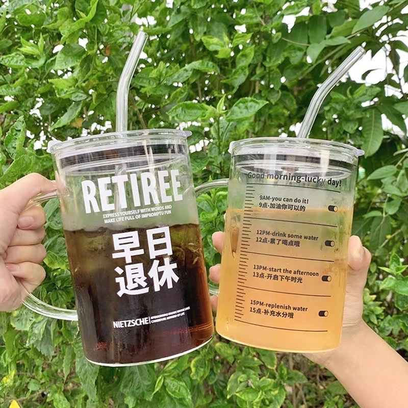 送禮首選🎉多喝水 🍉1000ml大容量早日退休加薪水趣味刻度帶蓋玻璃杯/吸管杯/咖啡杯/果汁杯/水杯/辦公室水杯-細節圖6