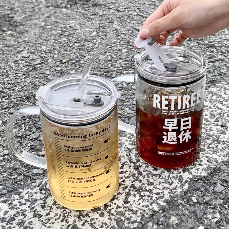 送禮首選🎉多喝水 🍉1000ml大容量早日退休加薪水趣味刻度帶蓋玻璃杯/吸管杯/咖啡杯/果汁杯/水杯/辦公室水杯-細節圖7