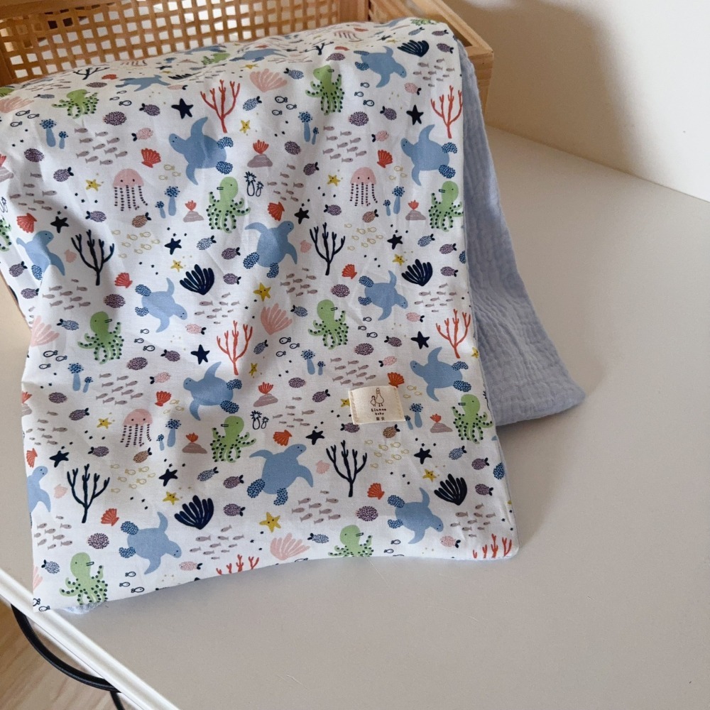 托瓦海龜 手工嬰兒奶藍皺紗毯(四季薄被) 幼兒園午休被-細節圖2