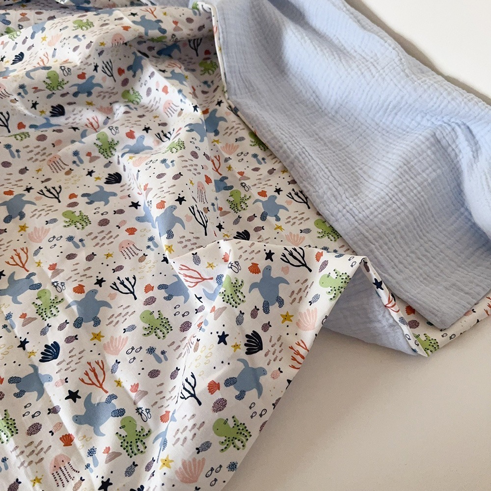 托瓦海龜 手工嬰兒奶藍皺紗毯(四季薄被) 幼兒園午休被-細節圖3