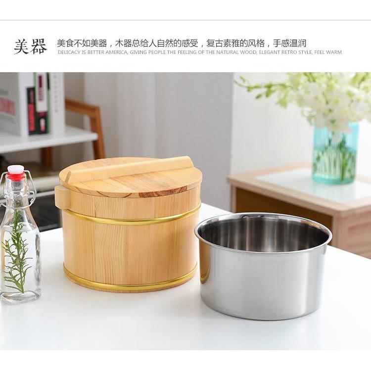 【返璞小居】本色米飯桶帶蓋雙層不鏽鋼內膽木桶飯木桶餐廳飯桌盛飯小飯桶木飯桶木桶蓋澆飯保溫桶大中小號-細節圖5