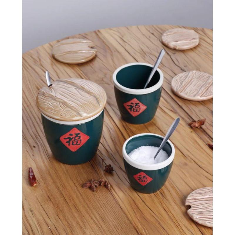 【返璞小居】福字調味罐粗陶小水缸特色儲物收纳缸陶瓷福字小米甕調料缸茶葉罐家居擺件-細節圖2