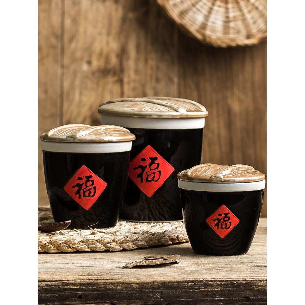 【返璞小居】福字調味罐粗陶小水缸特色儲物收纳缸陶瓷福字小米甕調料缸茶葉罐家居擺件-細節圖4