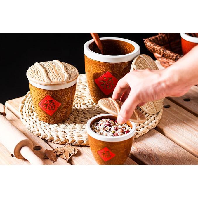 【返璞小居】福字調味罐粗陶小水缸特色儲物收纳缸陶瓷福字小米甕調料缸茶葉罐家居擺件-細節圖5