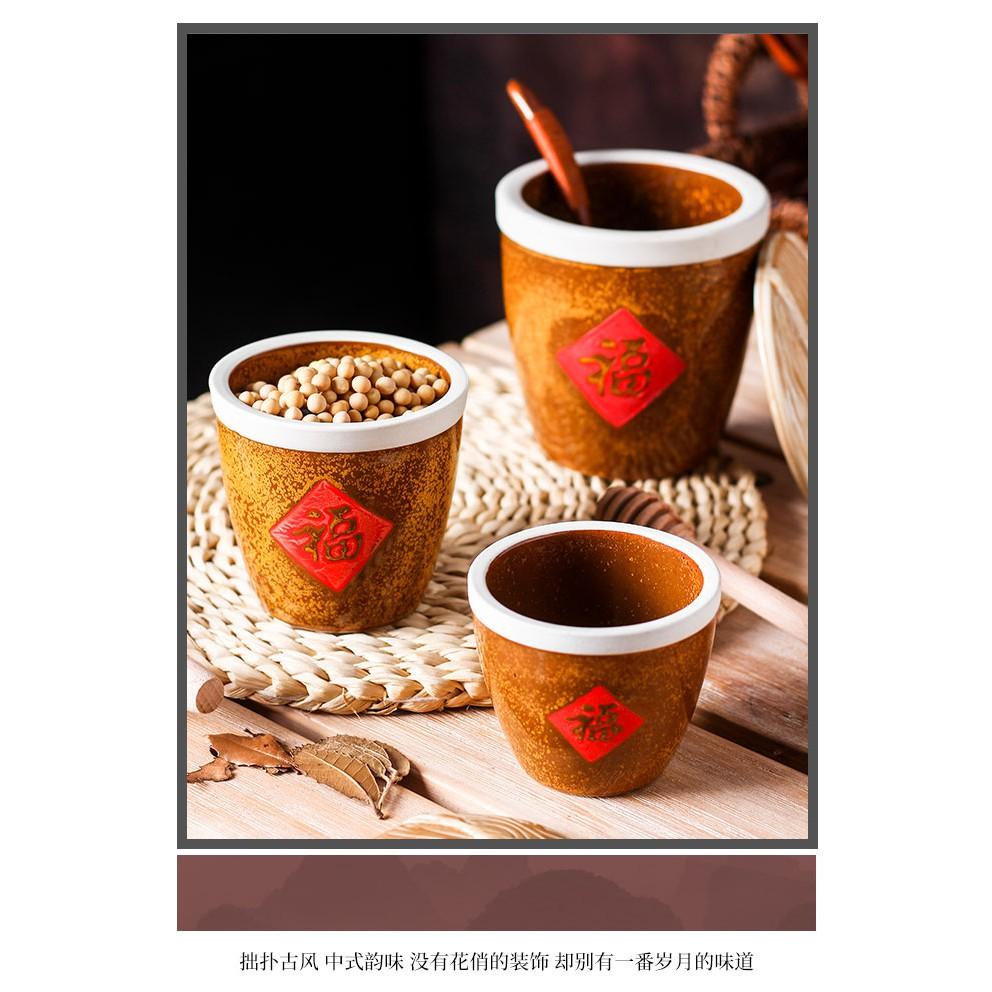 【返璞小居】福字調味罐粗陶小水缸特色儲物收纳缸陶瓷福字小米甕調料缸茶葉罐家居擺件-細節圖6