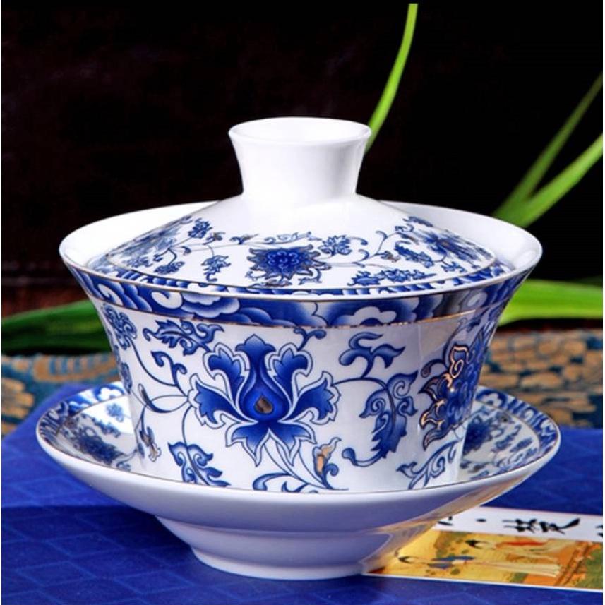 【返璞小居】台灣現貨景德鎮青花茶碗200/330ml三才杯茶杯骨瓷陶瓷青花蓋碗泡茶大碗茶碗茶杯敬茶杯供杯功夫茶具茶道用具-細節圖5