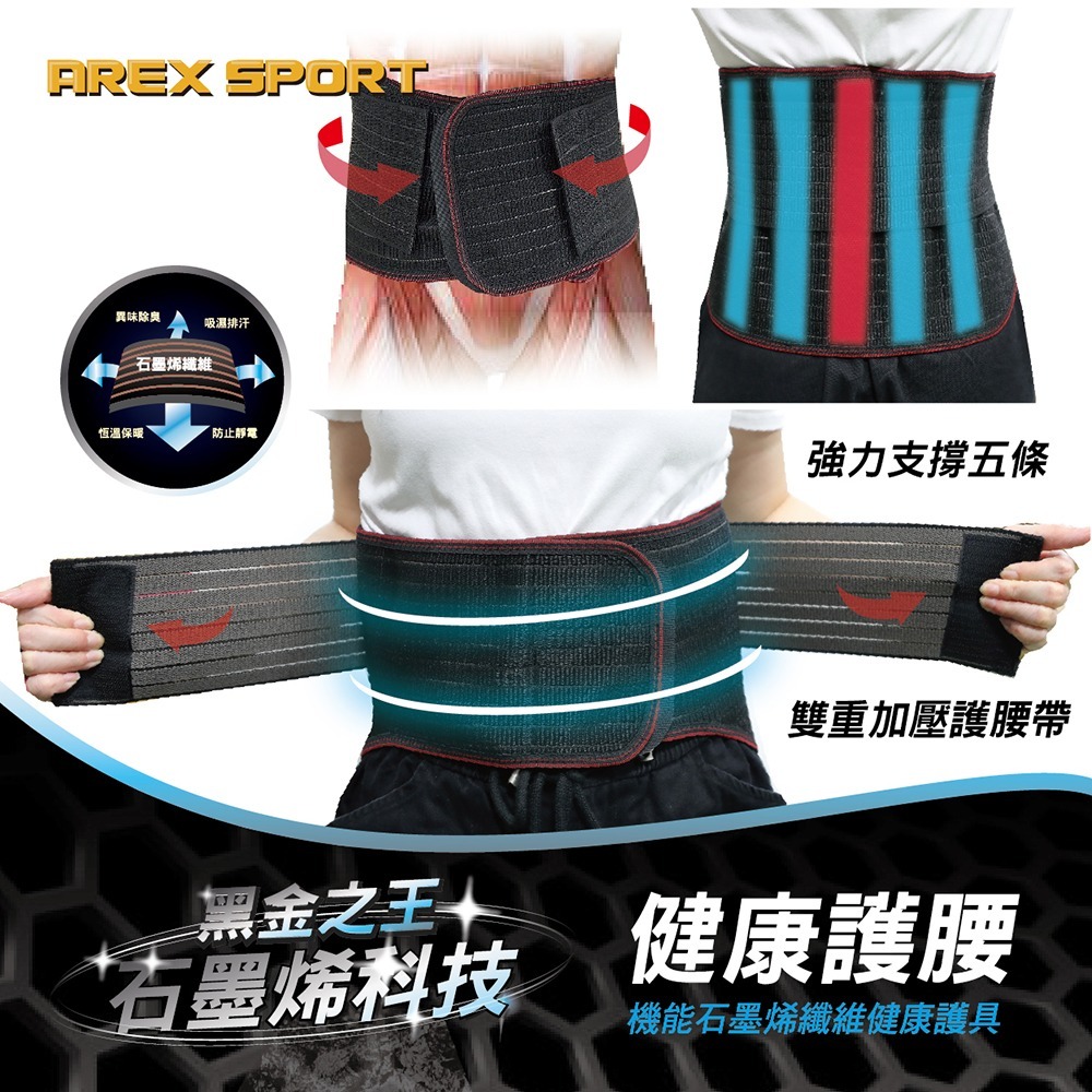 【AREX SPORT】加強版 石墨烯 護腰 護具 全能型 運動腰夾 （雙層彈力束帶可調節大尺寸護腰）超彈力 魔鬼氈-細節圖6