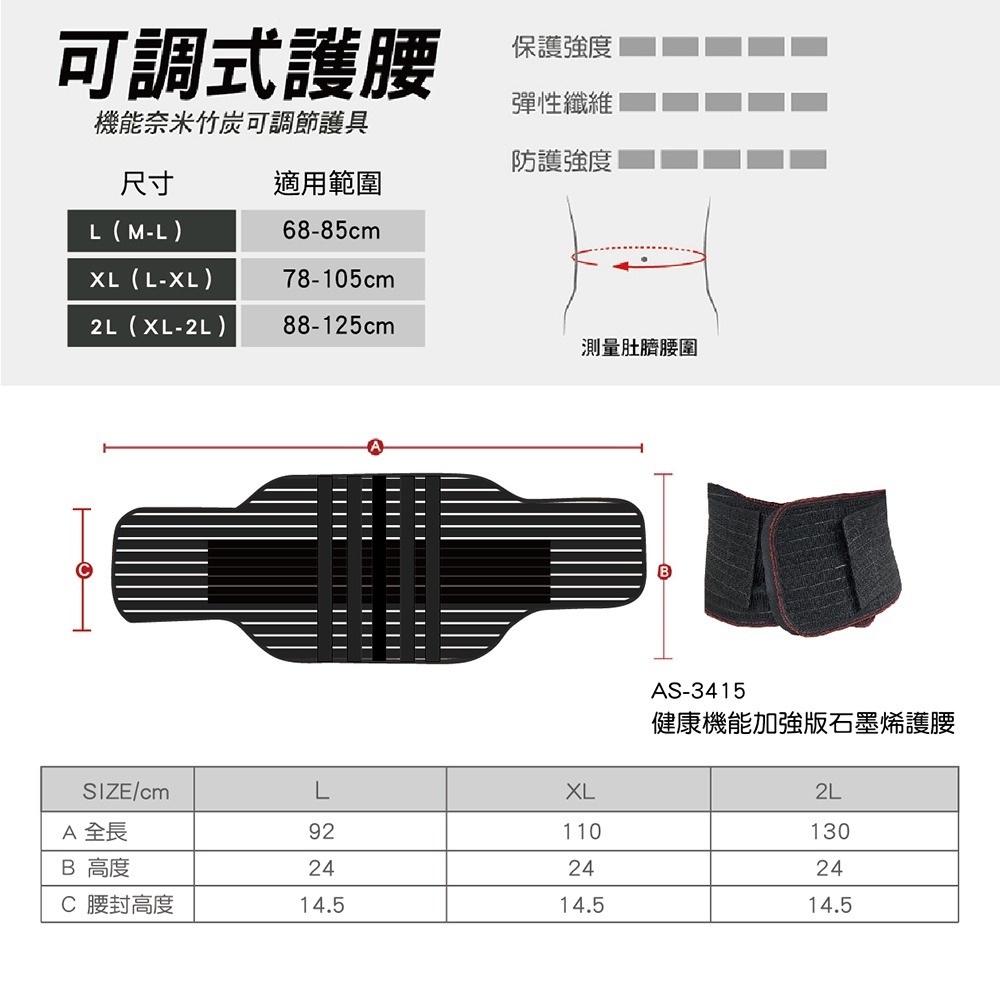 【AREX SPORT】加強版 石墨烯 護腰 護具 全能型 運動腰夾 （雙層彈力束帶可調節大尺寸護腰）超彈力 魔鬼氈-細節圖8