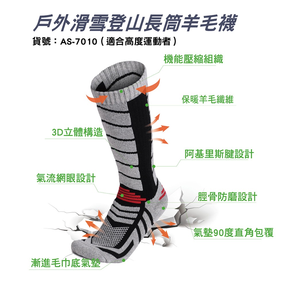 【AREXSPORT】男女加厚 長筒襪 膝上襪 登山襪 羊毛襪 避震襪 健行襪 百岳攀岩 抑菌 除臭 保暖 抗寒 滑雪-細節圖7
