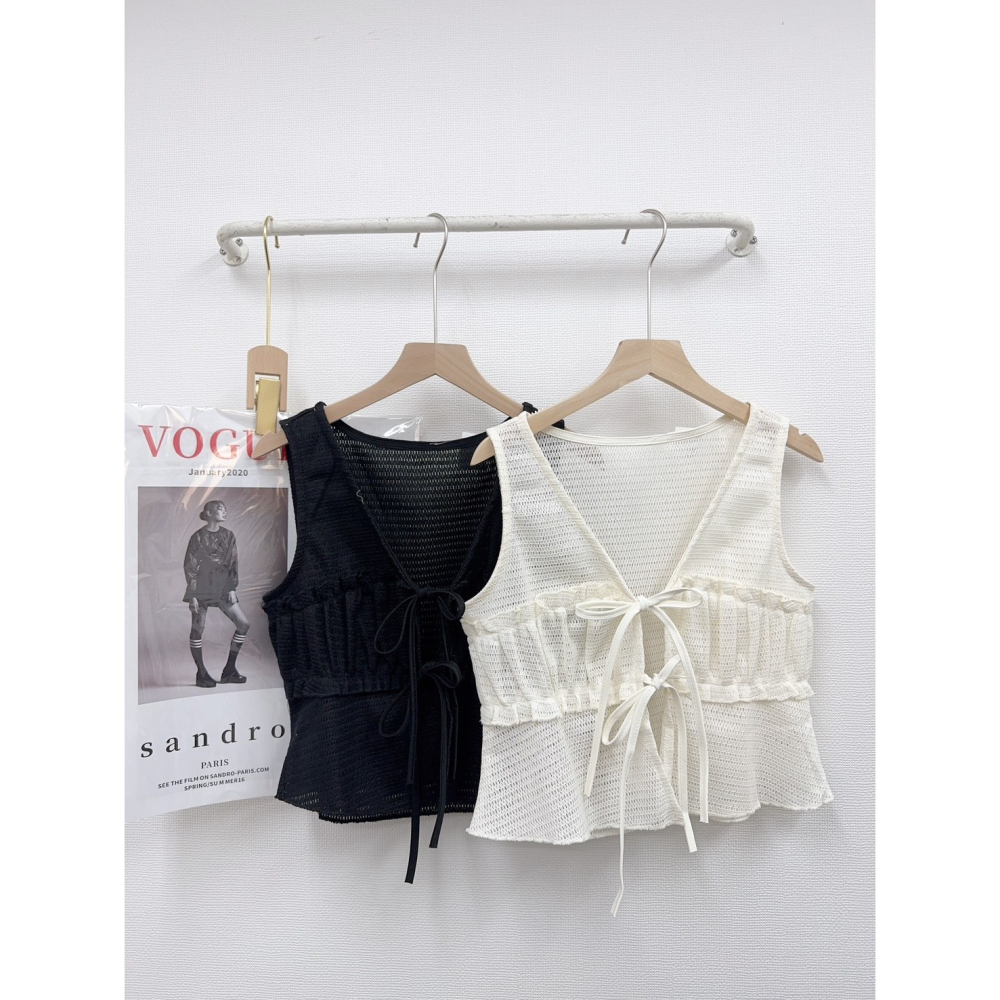 💎韓系鏤空針織荷葉邊綁帶背心💎-細節圖2