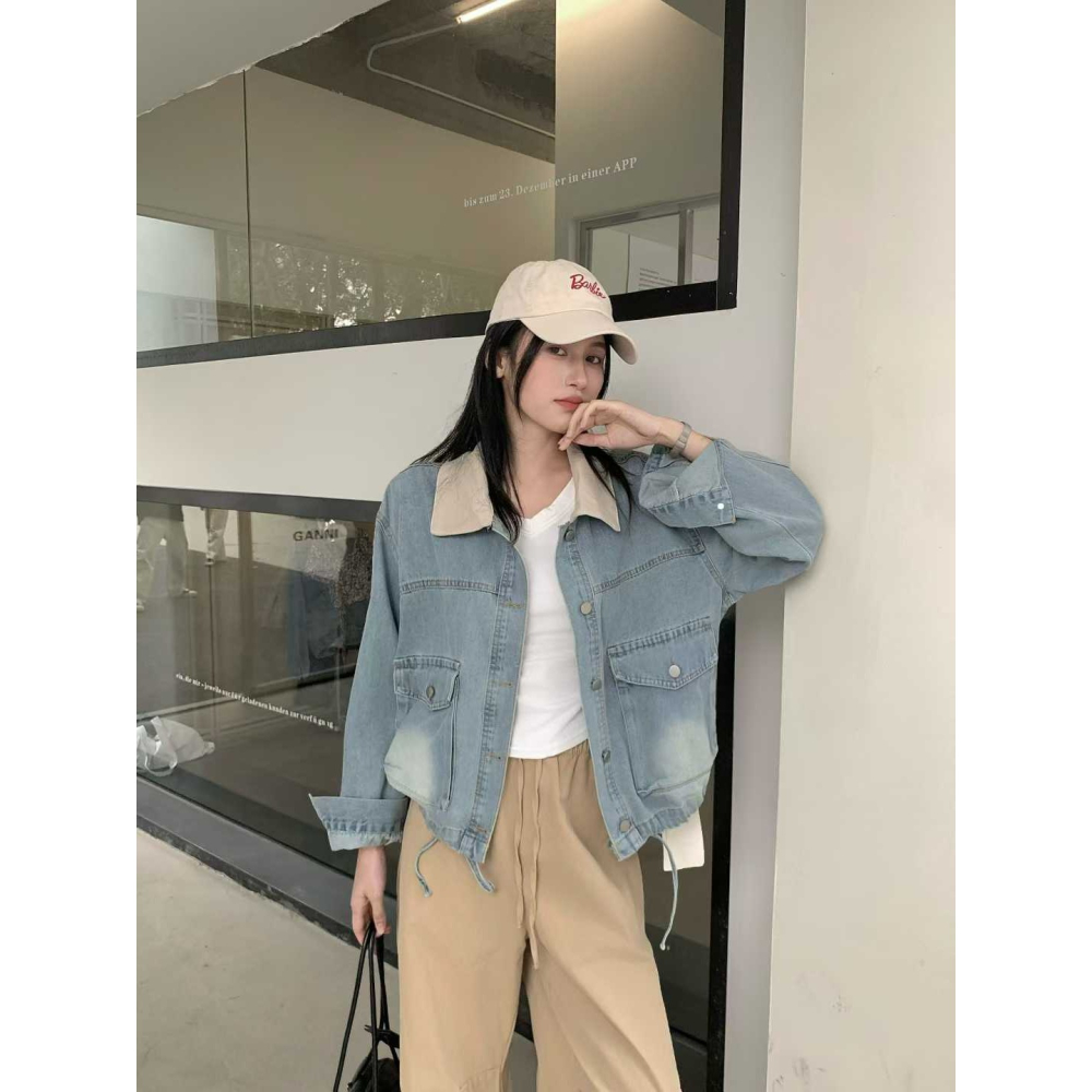 【工裝感新品】水洗撞色領牛仔外套-細節圖3