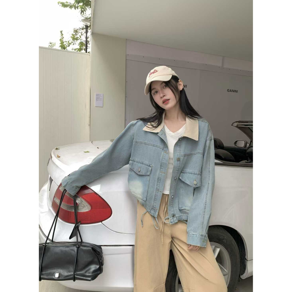 【工裝感新品】水洗撞色領牛仔外套-細節圖5