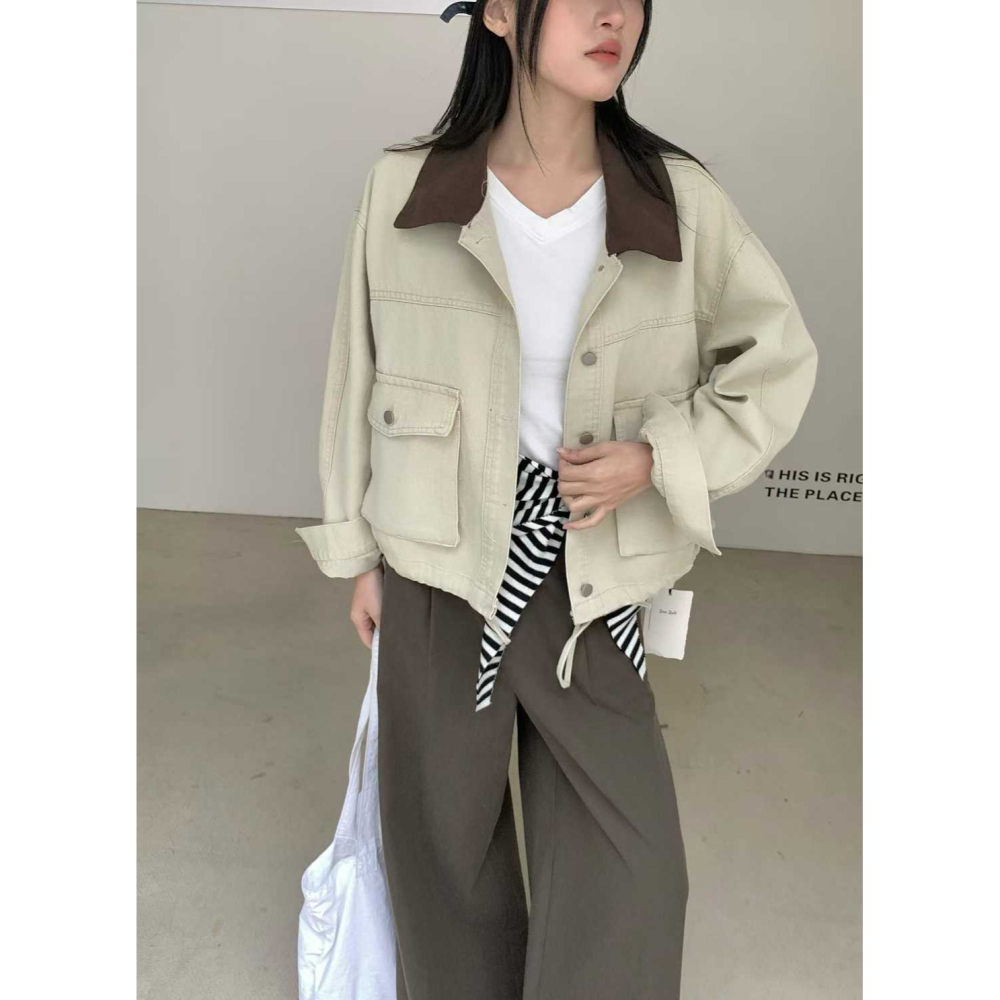 【工裝感新品】水洗撞色領牛仔外套-細節圖8