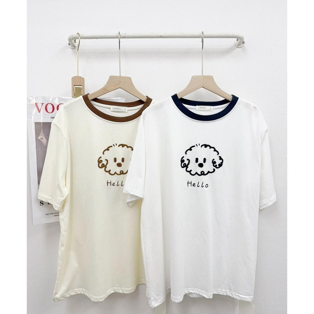 毛巾刺繡捲毛小狗撞色領 T-細節圖2