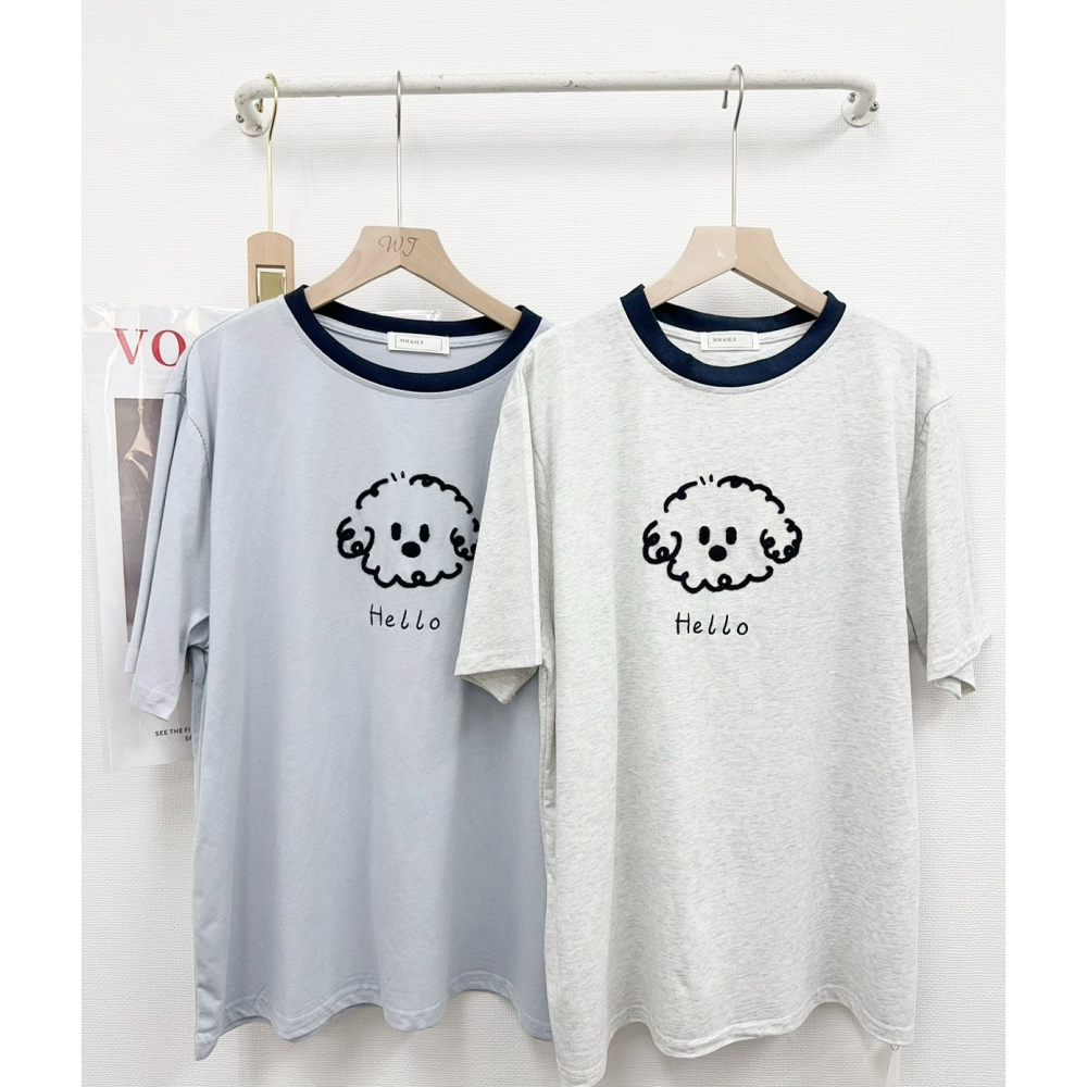 毛巾刺繡捲毛小狗撞色領 T-細節圖3