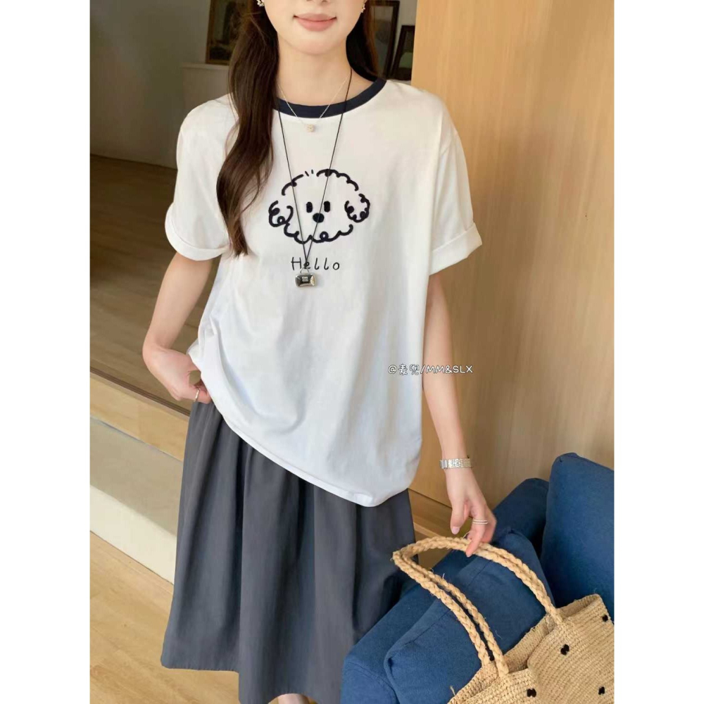 毛巾刺繡捲毛小狗撞色領 T-細節圖6