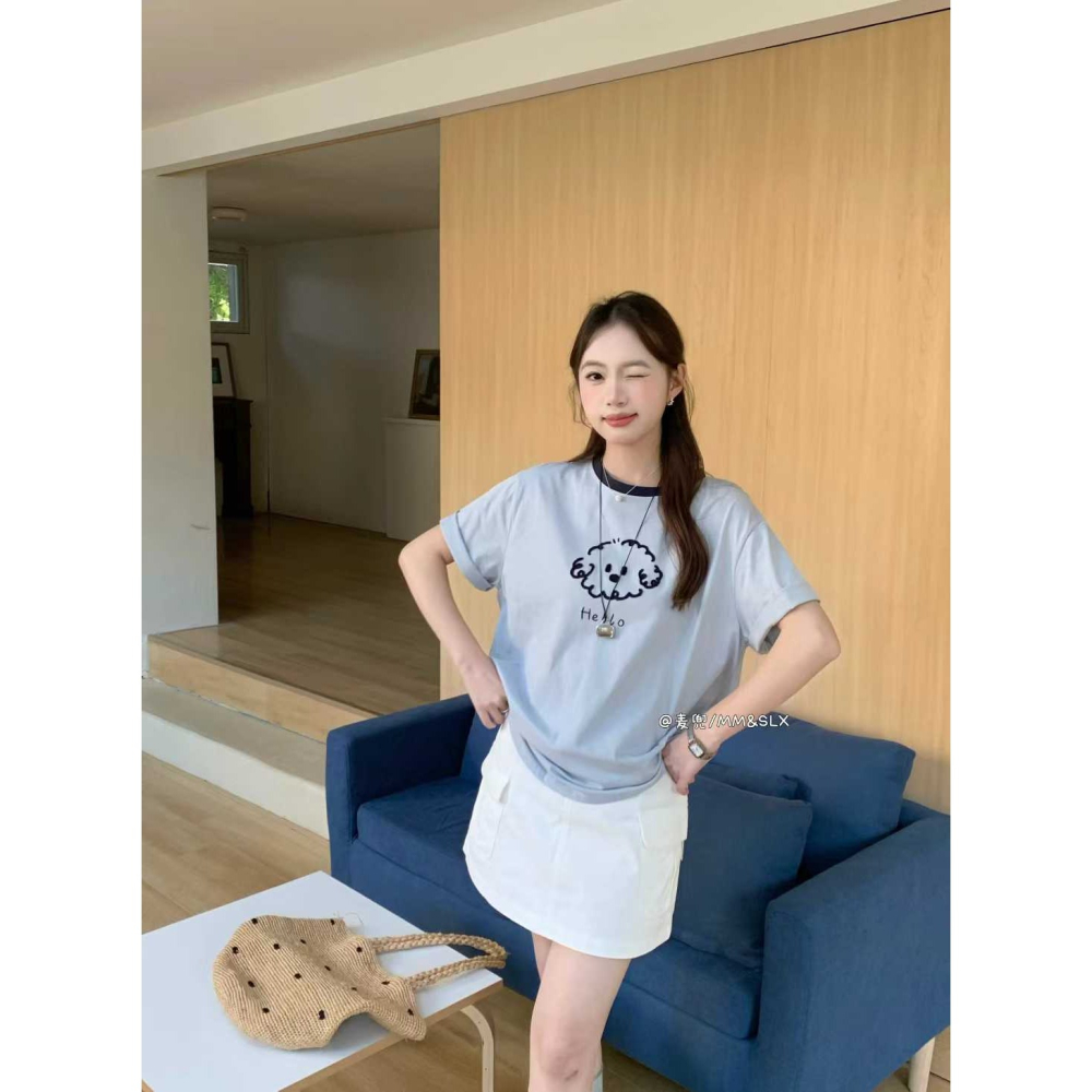 毛巾刺繡捲毛小狗撞色領 T-細節圖8