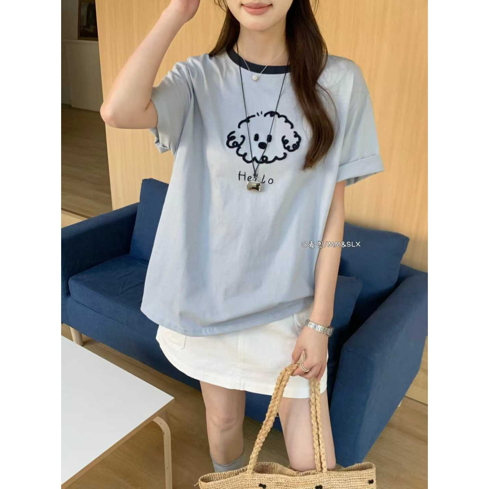 毛巾刺繡捲毛小狗撞色領 T-細節圖9