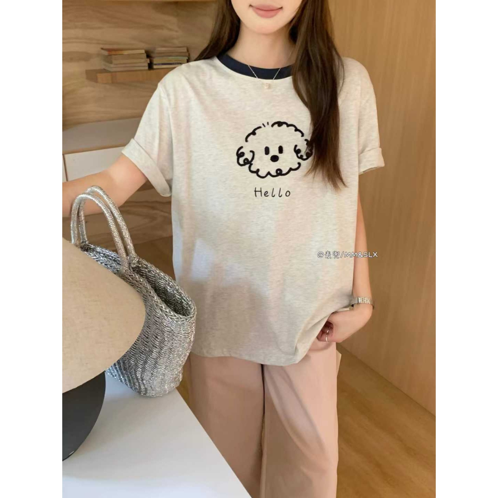 毛巾刺繡捲毛小狗撞色領 T-細節圖10