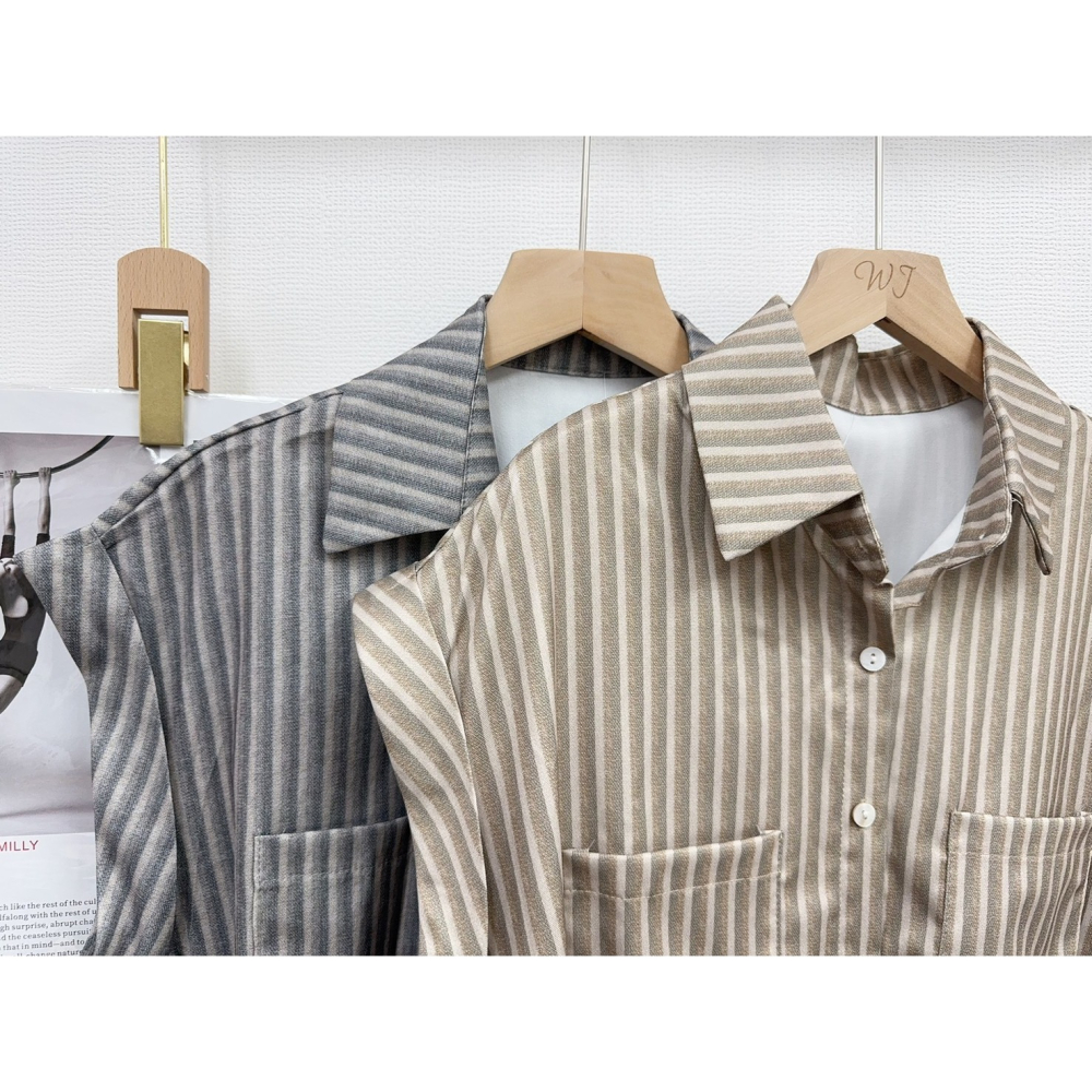 文青風條紋綁帶套裝-細節圖2