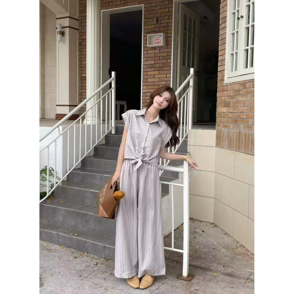 文青風條紋綁帶套裝-細節圖3