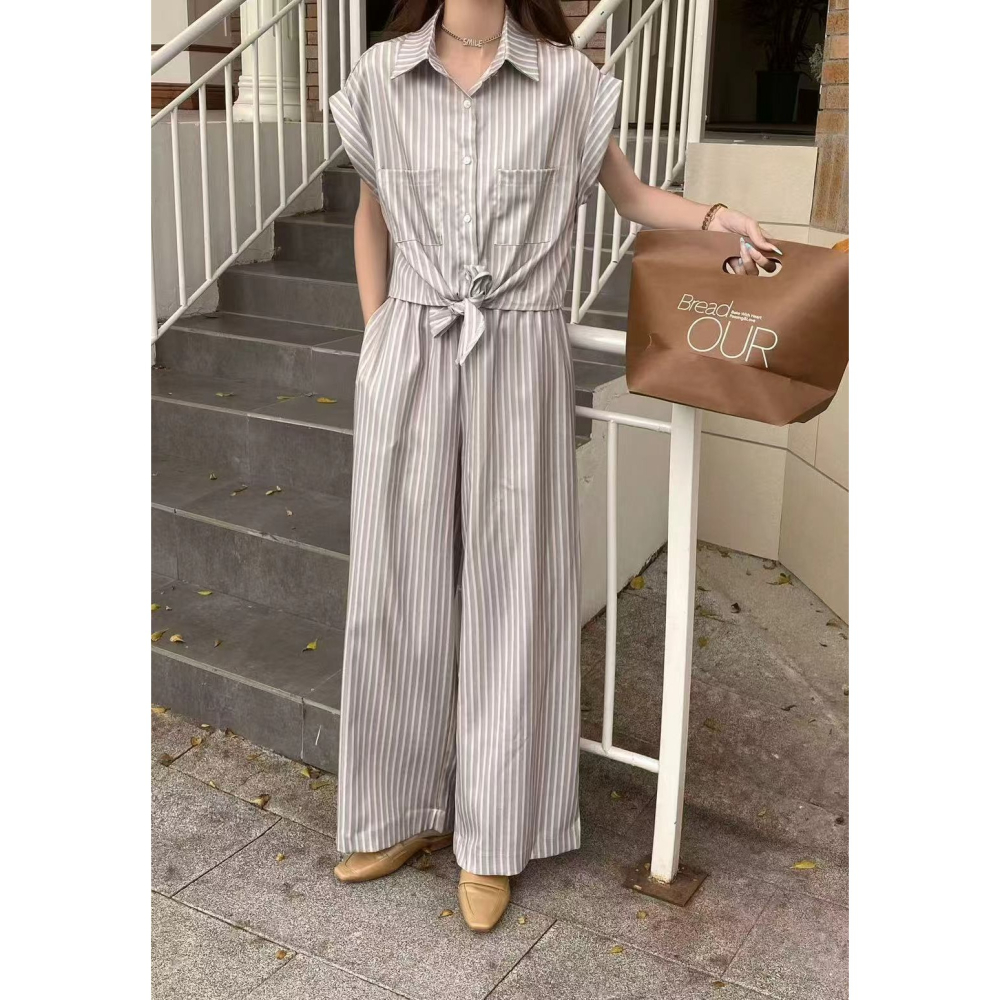 文青風條紋綁帶套裝-細節圖4