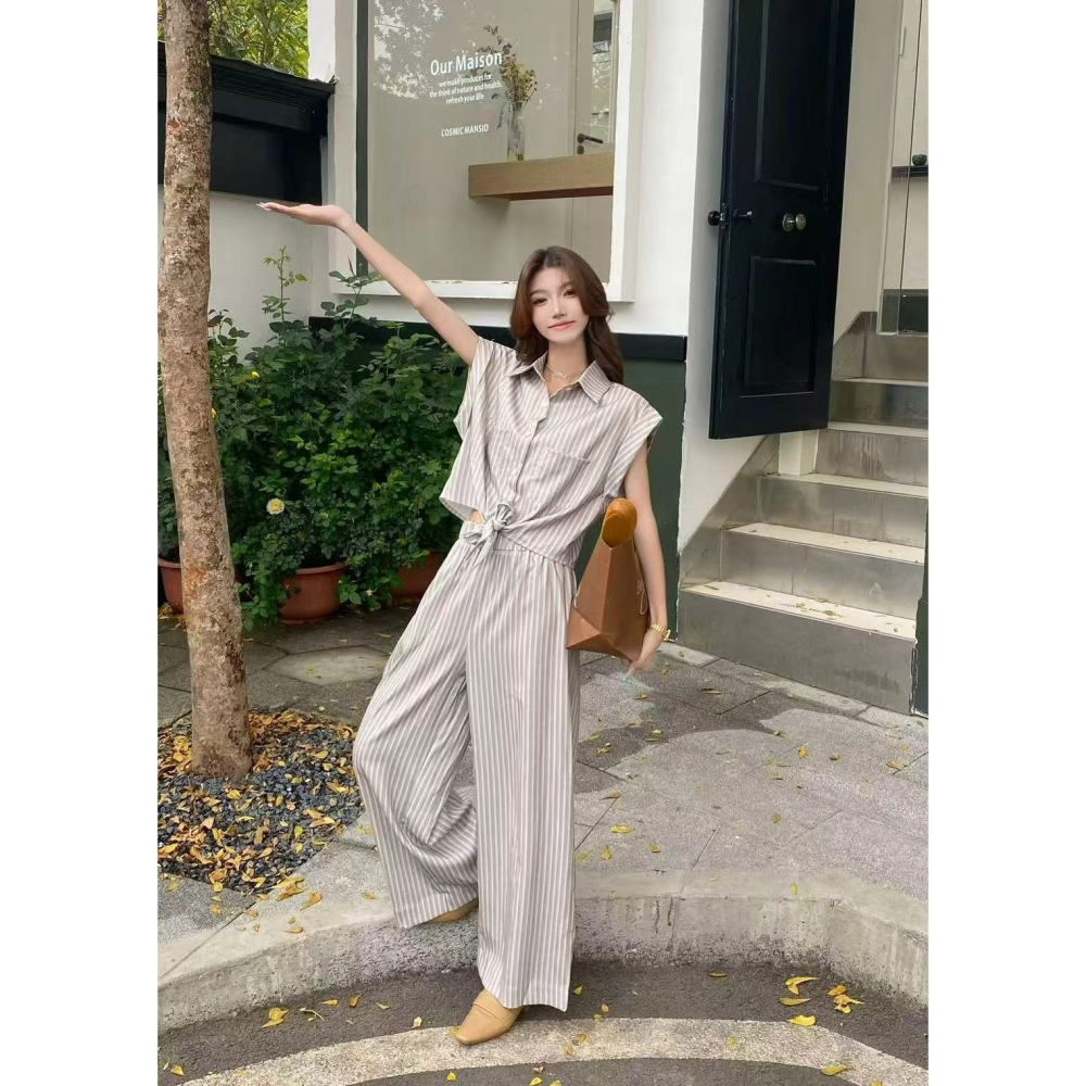 文青風條紋綁帶套裝-細節圖5