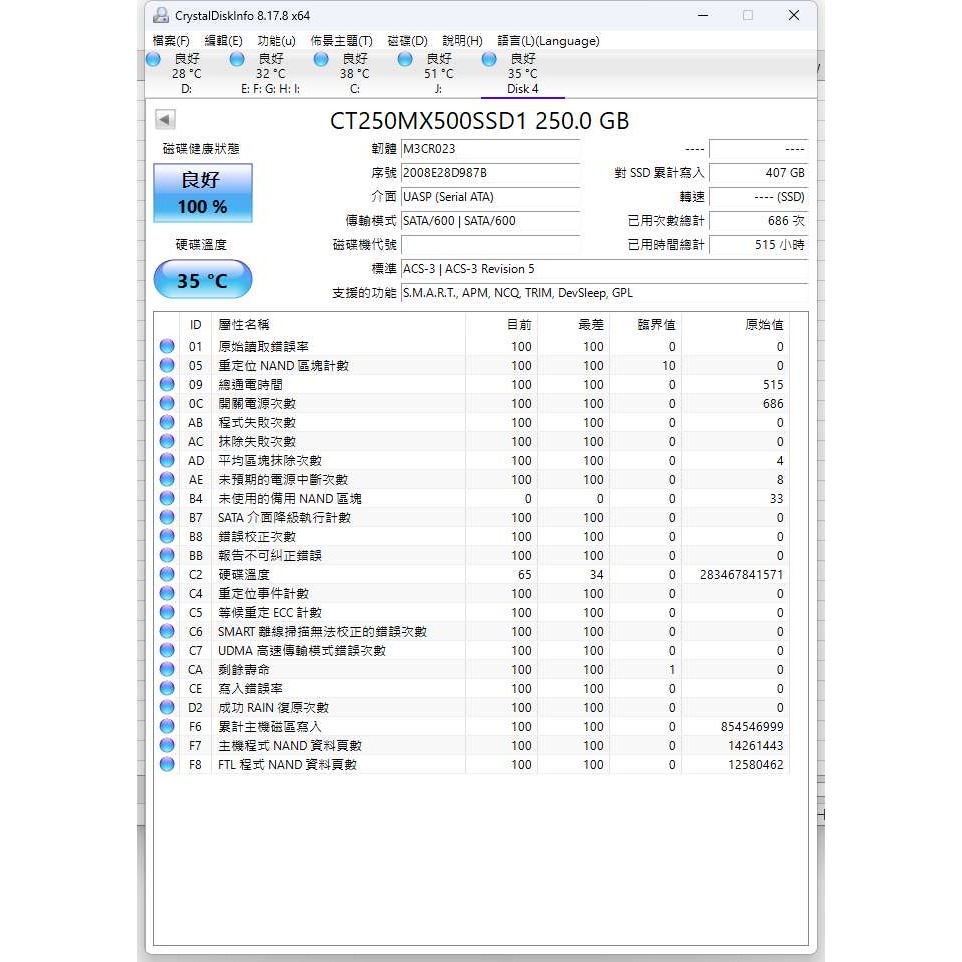 美光 MX500 低時數250GB SSD-細節圖3