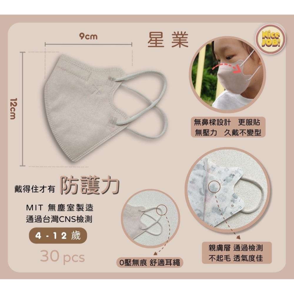 星業 兒童立體醫療口罩 無鼻樑壓條 超親膚 超透氣 同色耳繩 30入-細節圖2