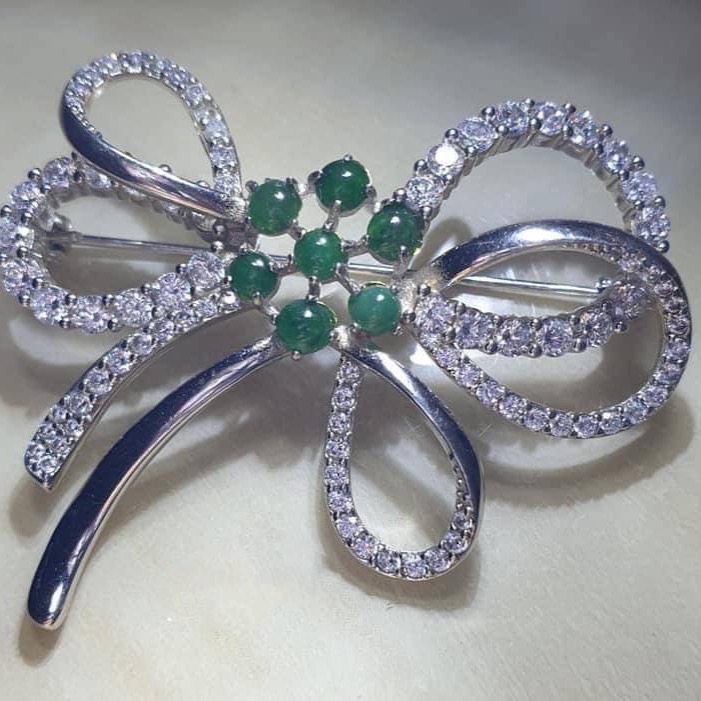 全新天然緬甸玉A貨翡翠 蝴蝶結胸針/項鍊二用/S925 銀-細節圖3