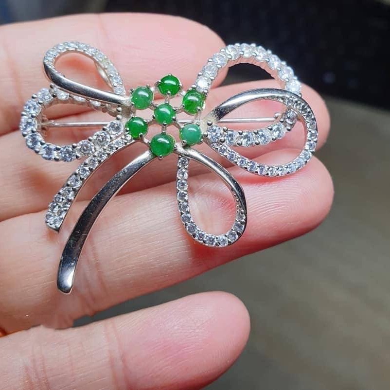 全新天然緬甸玉A貨翡翠 蝴蝶結胸針/項鍊二用/S925 銀-細節圖4