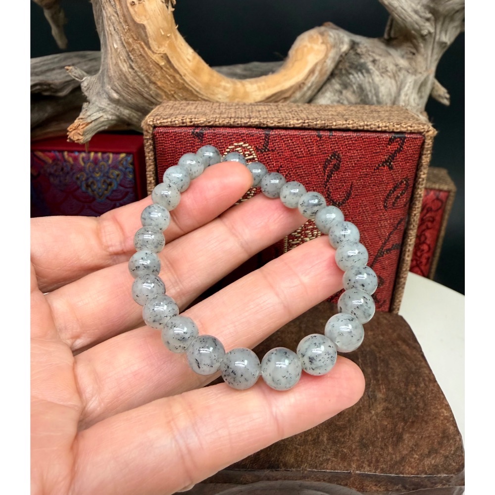 《寶瑠璃玉石水晶》保真天然和田玉冰底青花料手串，珠徑8mm-細節圖2