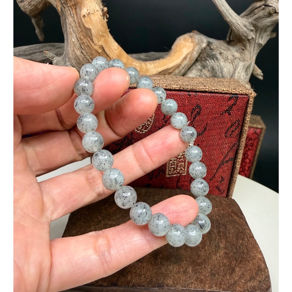 《寶瑠璃玉石水晶》保真天然和田玉冰底青花料手串，珠徑8mm-細節圖4
