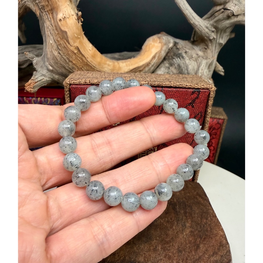 《寶瑠璃玉石水晶》保真天然和田玉冰底青花料手串，珠徑8mm-細節圖5