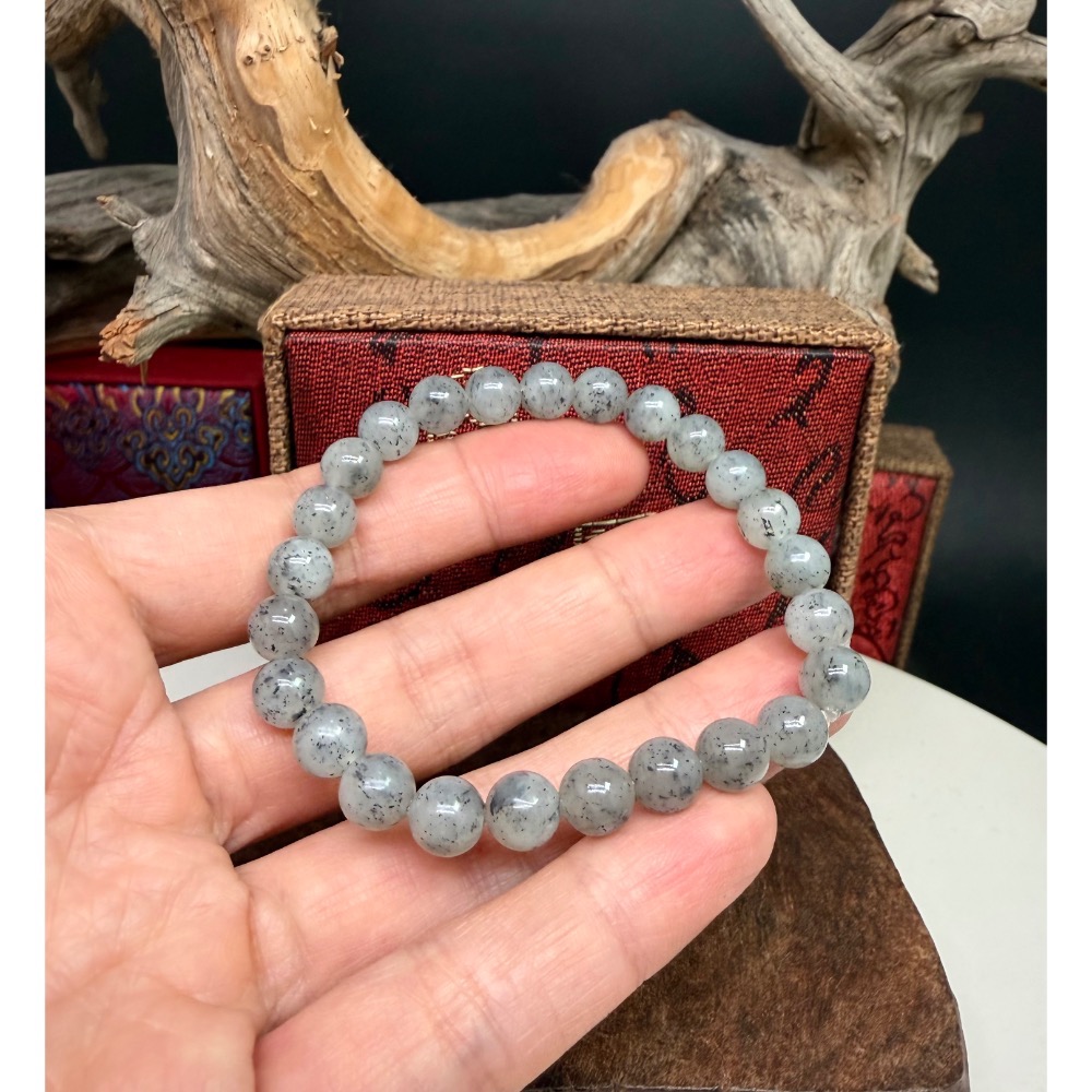 《寶瑠璃玉石水晶》保真天然和田玉冰底青花料手串，珠徑8mm-細節圖6