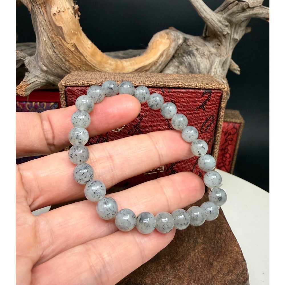 《寶瑠璃玉石水晶》保真天然和田玉冰底青花料手串，珠徑8mm-細節圖8