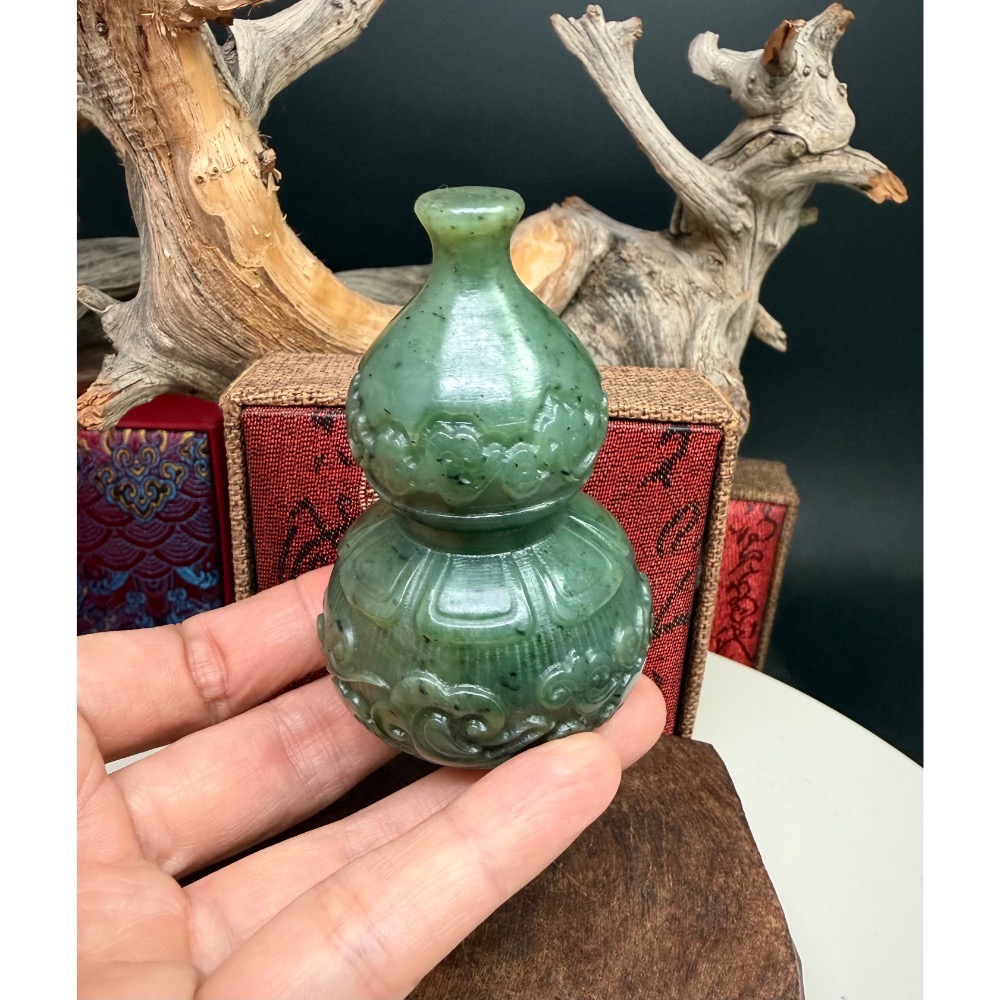 《寶瑠璃玉石水晶》保真天然和田玉碧玉，手工雕刻「福祿雙全」葫蘆擺件、手把件(附檢驗證書)-細節圖6
