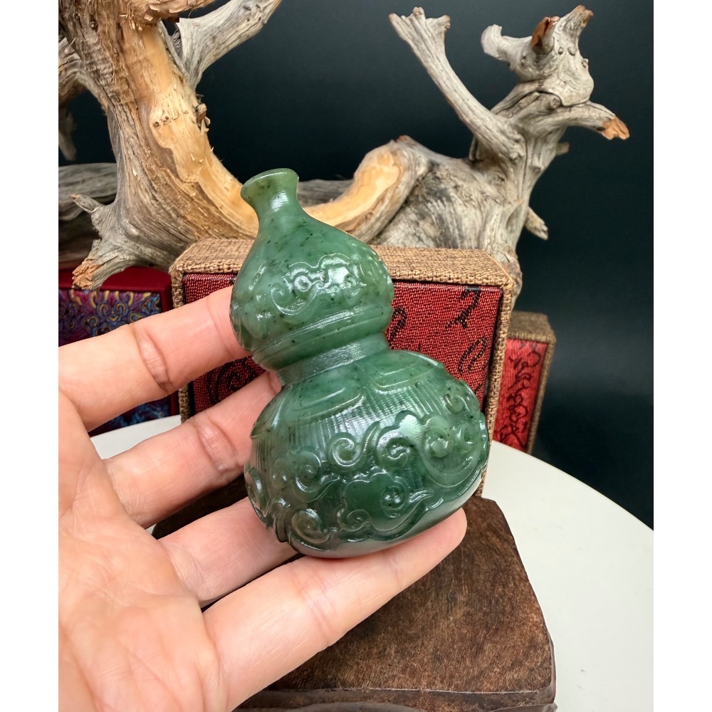 《寶瑠璃玉石水晶》保真天然和田玉碧玉，手工雕刻「福祿雙全」葫蘆擺件、手把件(附檢驗證書)-細節圖7