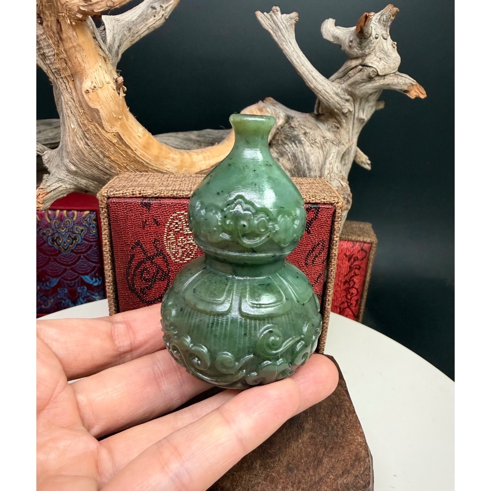 《寶瑠璃玉石水晶》保真天然和田玉碧玉，手工雕刻「福祿雙全」葫蘆擺件、手把件(附檢驗證書)-細節圖8