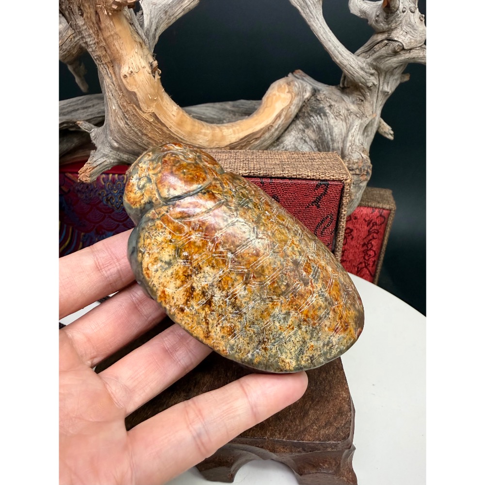 《寶瑠璃玉石水晶》保真天然和田玉聚墨青花籽料帶紅沁，手工立體雕刻「榮華富貴」龍龜擺件、手把件(附檢驗證書)-細節圖4