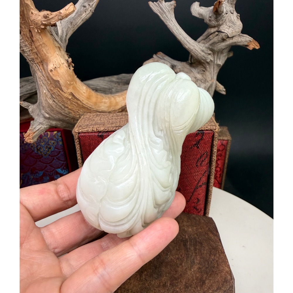 《寶瑠璃玉石水晶》保真天然和田白玉，手工立體雕刻「得遇百財」玉白菜擺件、手把件(附檢驗證書)-細節圖4