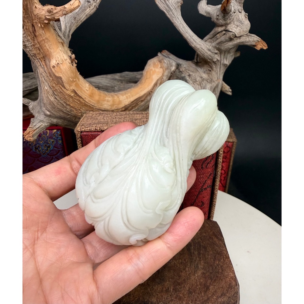 《寶瑠璃玉石水晶》保真天然和田白玉，手工立體雕刻「得遇百財」玉白菜擺件、手把件(附檢驗證書)-細節圖5