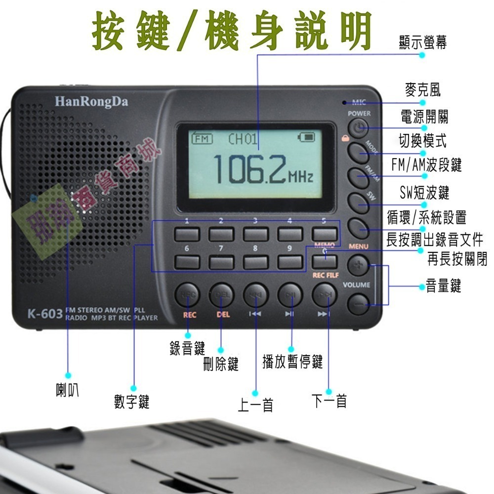 臺灣現貨：K603全波段FM/AM/SW便攜式超大顯示螢幕藍牙插卡數碼收錄收音機-細節圖6