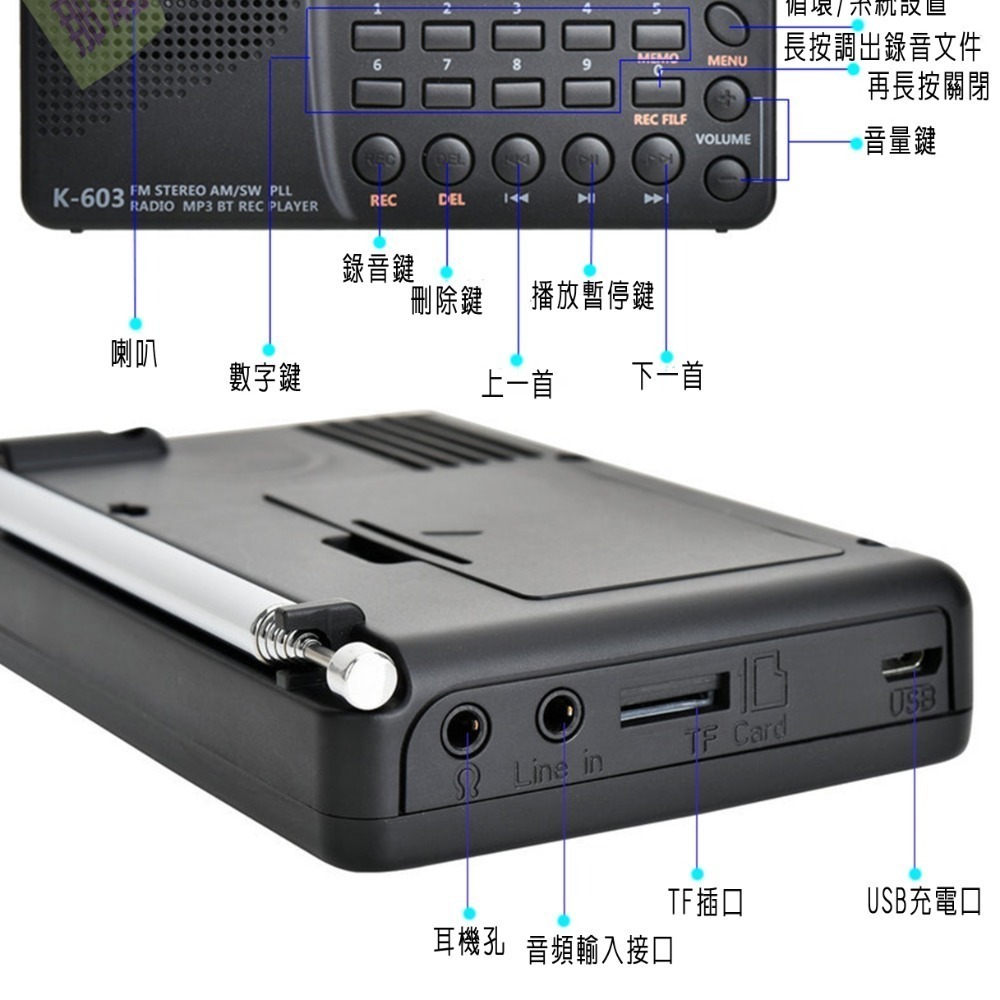 臺灣現貨：K603全波段FM/AM/SW便攜式超大顯示螢幕藍牙插卡數碼收錄收音機-細節圖7